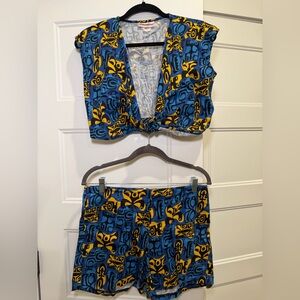 Dixiefried pin up tiki Blue and Yellow Patterned Two-Piece Set